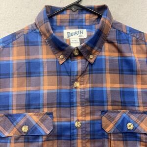 Duluth Trading Co XL Tall Plaid Button Down Shirt Blue Orange Polyester Relaxed